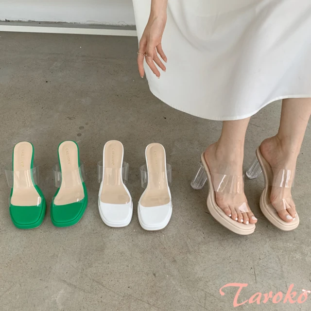【Taroko】天使清新透明一字粗高跟涼拖鞋(3色可選)