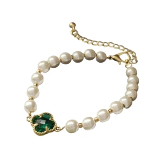 【Akiko Sakai】日系四葉草造型綠寶石珍珠手鍊(生日 送禮 禮物)