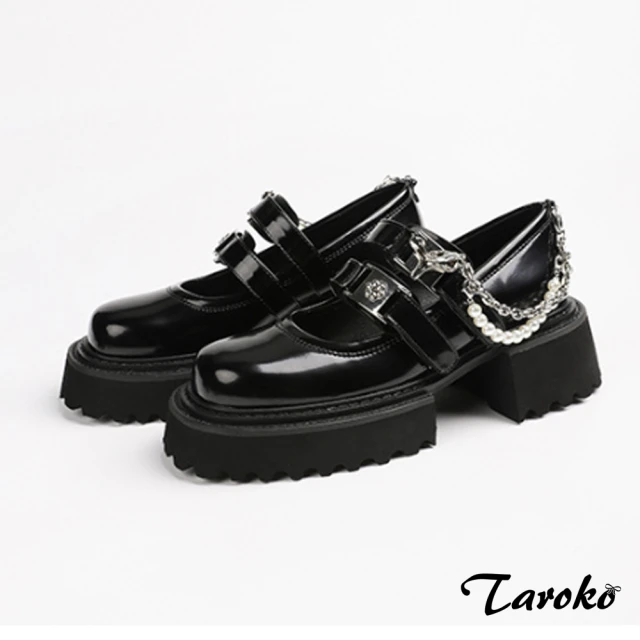 【Taroko】流行熱搜鍊條圓頭厚底粗跟皮鞋(黑色)