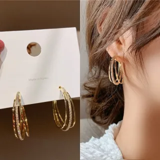【Emi 艾迷】韓系 氣質閃耀鋯石三環勾勒 925銀針 耳環