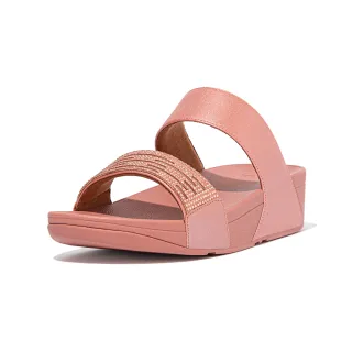 【FitFlop】LULU LASERCRYSTAL LEATHER SLIDES 雷射雕刻及水鑽造型雙帶涼鞋-女(玫瑰色)