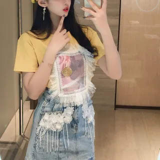 【BBHONEY】韓風 釘珠蕾絲花邊相片T 女孩 耳飾設計 短袖上衣(網美必備款)