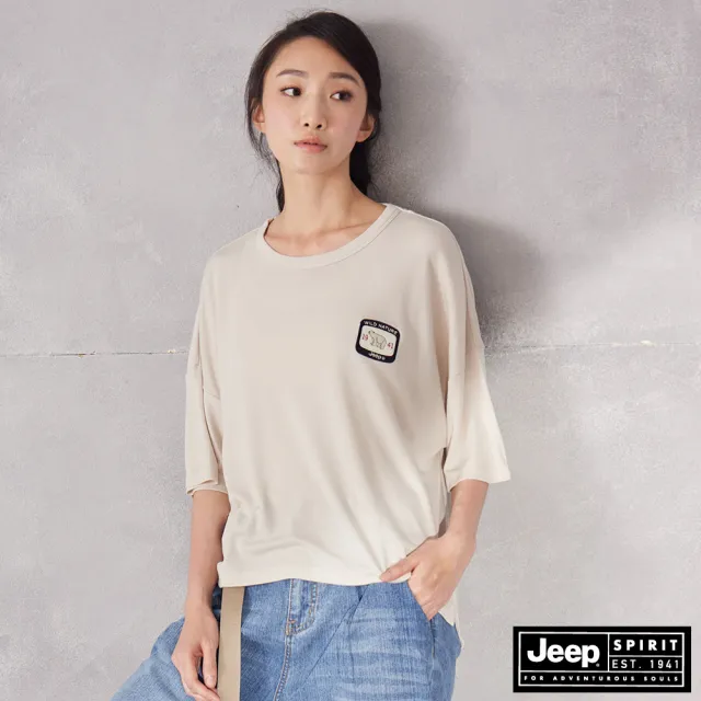 【JEEP】女裝 天絲棉涼感寬版五分袖T恤(淺卡其)