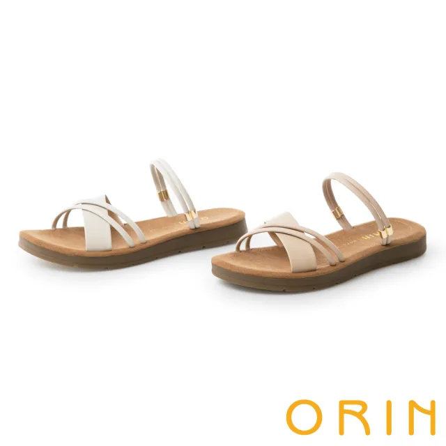 【ORIN】交叉線條皮革平底涼拖鞋(米白)