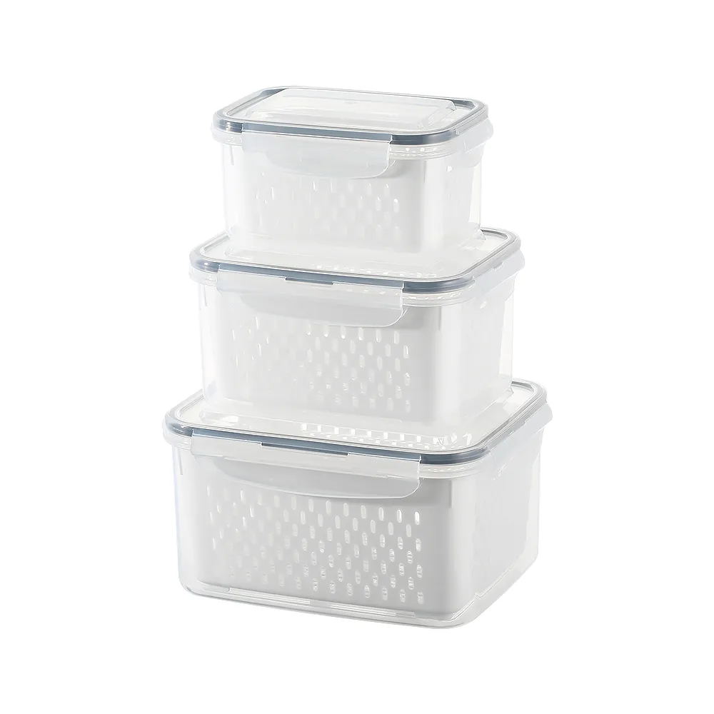 【生活采家】密封瀝水保鮮盒3件組(冰箱蔬菜水果保鮮)