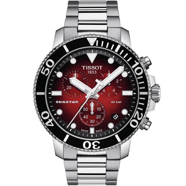 【TISSOT 天梭】官方授權 Seastar 1000 海洋之星300米潛水三眼計時錶-紅/45mm 送行動電源(T1204171142100)