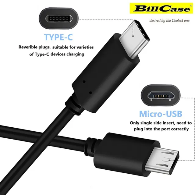 【Bill Case】高階雙規 Type C 轉 Micro USB 3A快充數據線 65公分 酷黑(USB IF會員製造商 優質品保450天)