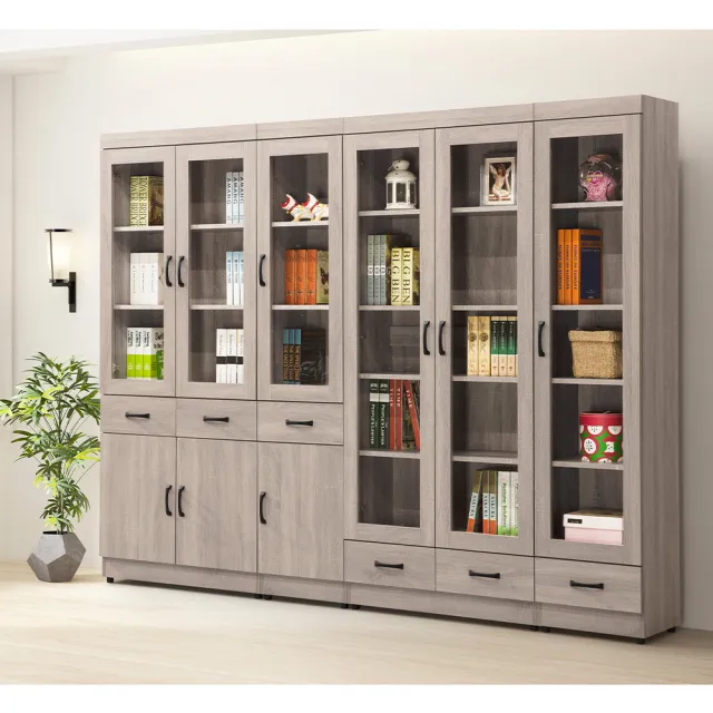【唯熙傢俱】卡恩淺灰橡色2.6尺玻璃書櫃(書櫃 書櫥 玻璃書櫃 抽屜櫃 收納櫃 置物櫃)
