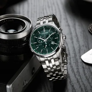 【CITIZEN 星辰】GENTS系列 紳士氣場光動能計時三眼腕錶-綠/42mm(AT2149-85X)