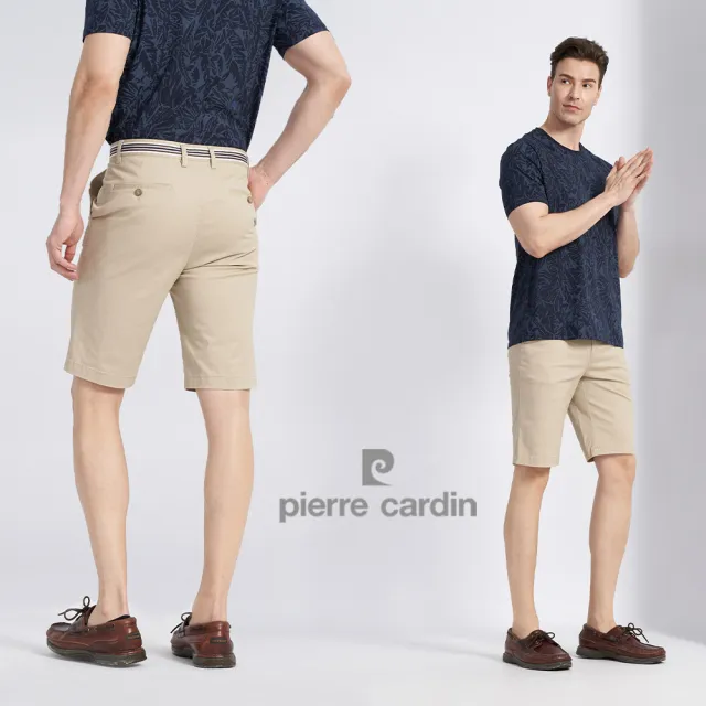 【pierre cardin 皮爾卡登】商務休閒 男款 彈性素面平口休閒短褲-卡其色(5227963-84)