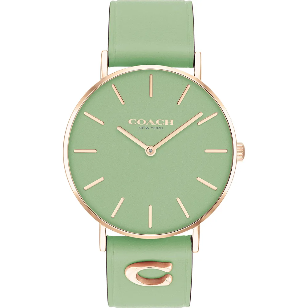 【COACH】Perry 品牌C字皮錶帶女錶-玫瑰金x萊姆綠(CO14503921)