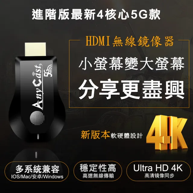 【DW 達微科技】第十代尊享4K版四核心 AnyCast雙頻5G全自動無線影音鏡像器(附4大好禮)