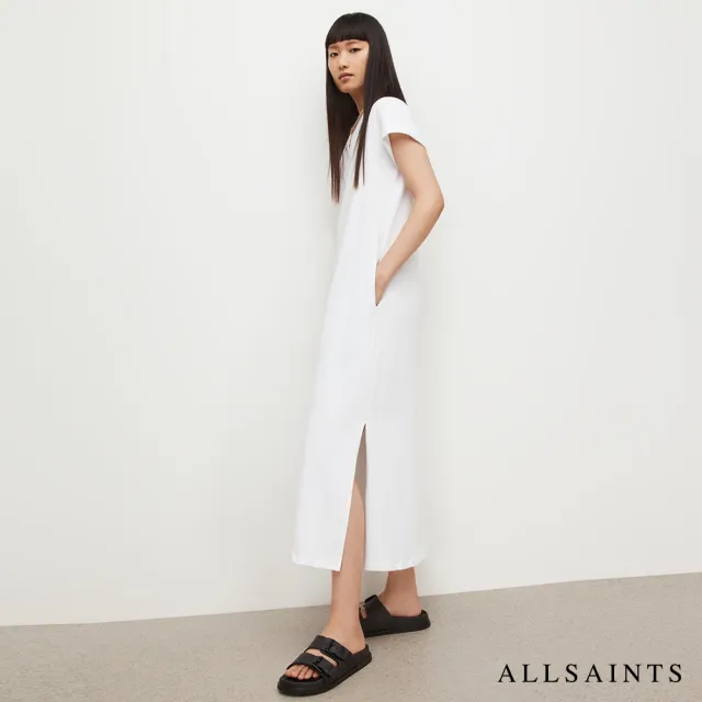 【ALLSAINTS】ANNA 休閒厚實純棉公羊頭骨T恤式長版連身裙洋裝-白 WD263X(常規版型)