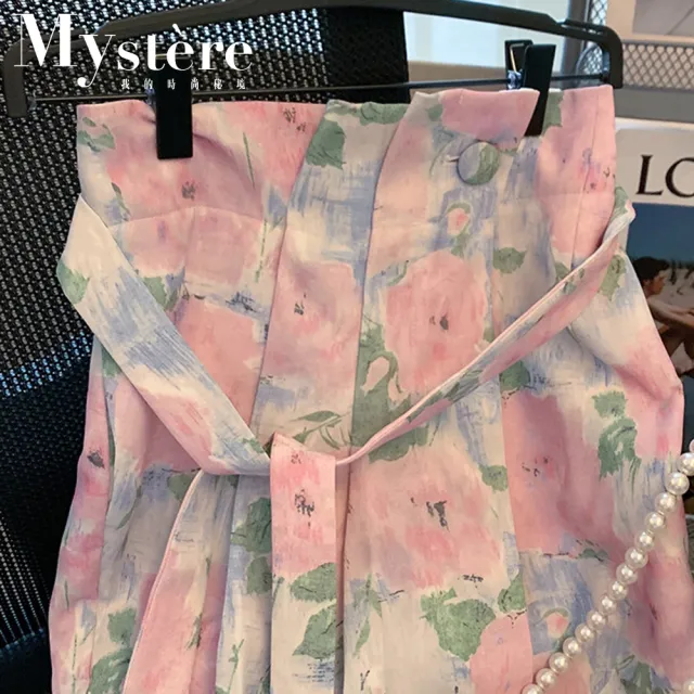 【my stere 我的時尚秘境】雙11 現貨-韓國浪漫粉紅花朵度假高腰中長裙(清新 甜美優雅 粉藍色)