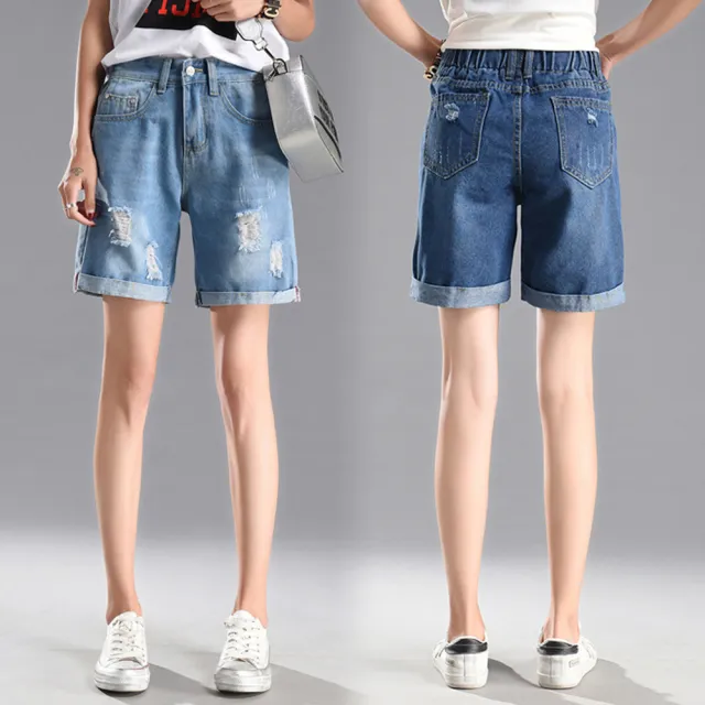 【RH】日系休閒單寧後鬆緊帶抓鬚六分短褲(甲夏季必備休閒單品24-32)