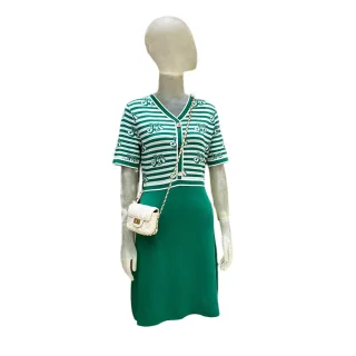 【Jessica Red】氣質修身拼接條紋V領短袖針織洋裝（綠）823181