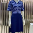 【Jessica Red】氣質修身拼接條紋V領短袖針織洋裝（藍）823181