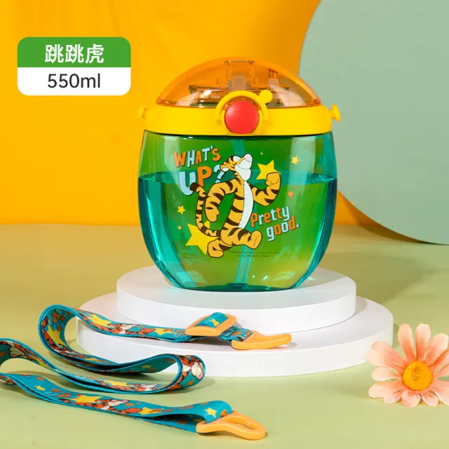 【Disney 迪士尼】進口TRITAN材質 兒童吸管水壺 附背帶 550ml(冰雪奇緣 米奇 米妮 跳跳虎 平輸品)