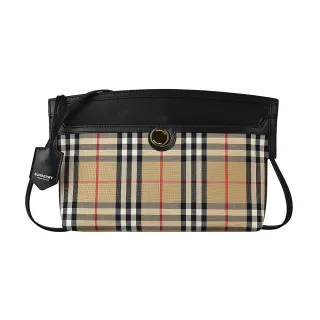 【BURBERRY 巴寶莉】BURBERRY VINTAGE金字壓印LOGO格紋帆布扣式手提肩背包(典藏米x棕)