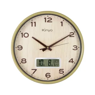 【KINYO】LCD顯示萬年曆靜音木紋掛鐘/時鐘
