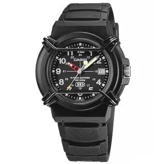 【CASIO 卡西歐】十年電力 軍旅指針錶 日期顯示 防水100米 橡膠手錶 黑色 40mm(HDA-600B-1B)