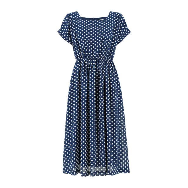 【OUWEY 歐薇】時髦方領波點鬆緊雪紡洋裝(深藍色；S-L；3222397439)