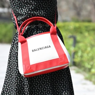 【Balenciaga 巴黎世家】NAVY CABAS XS 經典LOGO棉麻手提斜背兩用包(紅邊)