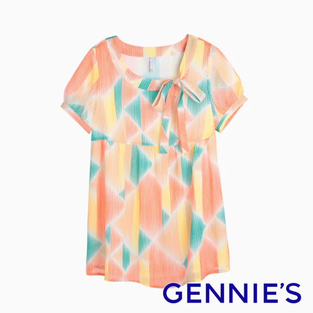 【Gennies 奇妮】菱格印花雪紡上衣(孕婦裝 圓領 綁帶)