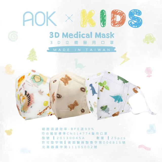 【AOK 飛速】3D立體醫用口罩 - 甜甜熊 - S 兒童款 - 25入 / 盒(調節扣可調整耳帶鬆緊)