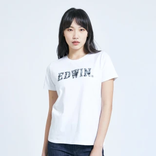 【EDWIN】女裝 人氣復刻款 花紗植絨LOGO短袖T恤(白色)