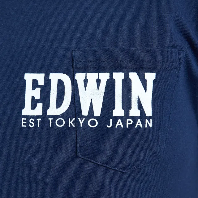 【EDWIN】男裝 人氣復刻款 復古印花口袋短袖T恤(丈青色)