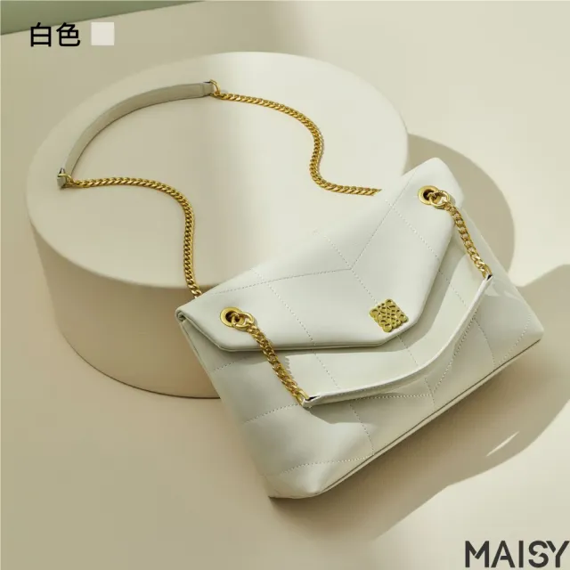【MAISY】經典百搭真皮鍊條郵差包(真皮包包 現+預  綠色／白色／黑色／米色)