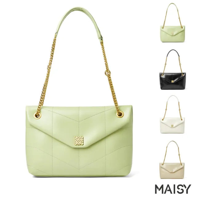 【MAISY】經典百搭真皮鍊條郵差包(真皮包包 現+預 綠色/白色/黑色/米色)