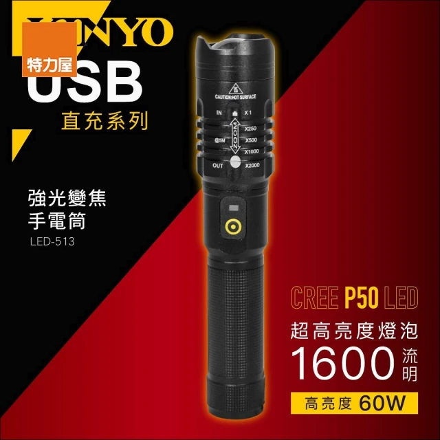 特力屋 kinyo LED-513 強光變焦手電筒USB直充