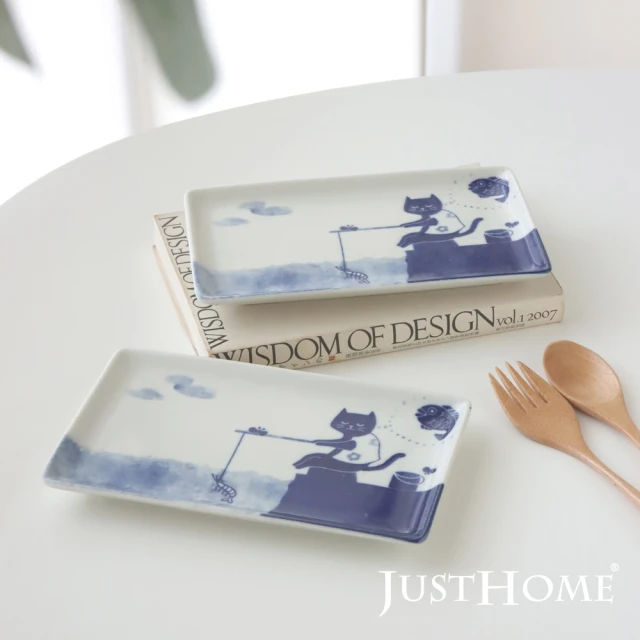 Just Home 日本製喵星陶瓷9.2吋長方餐盤2件組(手繪感貓咪圖案/餐盤)