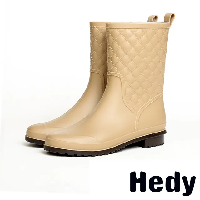 【Hedy】中筒雨靴 菱格紋雨靴/時尚經典菱格紋百搭中筒雨靴(米)