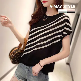 【Amay Style 艾美時尚】現貨 女裝 上衣 輕薄冰絲感寬鬆條紋針織衫(4色)