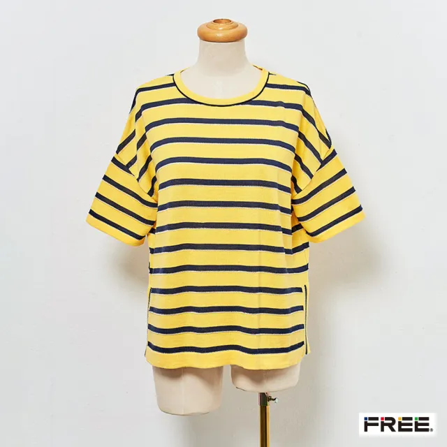 【FREE】有機棉配條落肩開叉針織衫(桃紅/黃色)