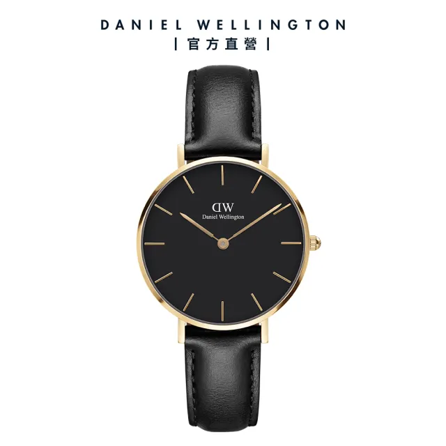 【Daniel Wellington】DW 手錶  Petite Sheffield 32mm爵士黑真皮皮革錶-香檳金框(DW00100547)