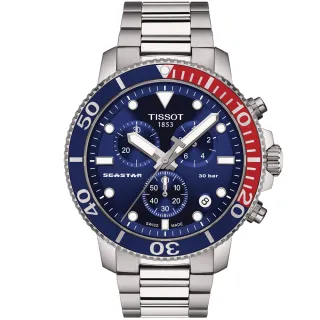 【TISSOT 天梭 官方授權】Seastar 1000海星300米潛水三眼計時錶-45.5mm/紅藍 禮物(T1204171104103)