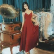 【Blue Velvet】法式復古珍珠鍊帶細肩帶大裙擺連身長洋裝(紅)