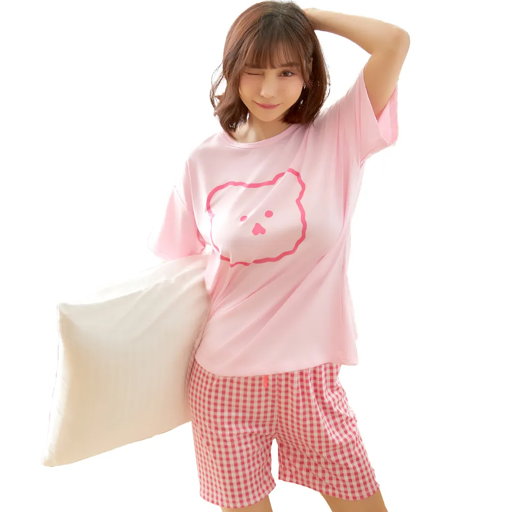【香草甜心】可愛熊熊素色短袖上衣搭配格紋短褲成套睡衣(家居服 兩件式睡衣 女生睡衣)