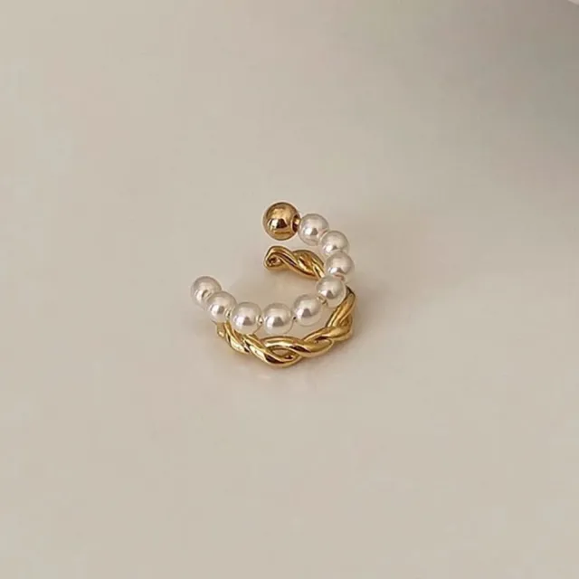【bibi】銅鍍真金高級感雙層法式珍珠女無耳洞耳飾新款冷淡風簡約耳骨夾