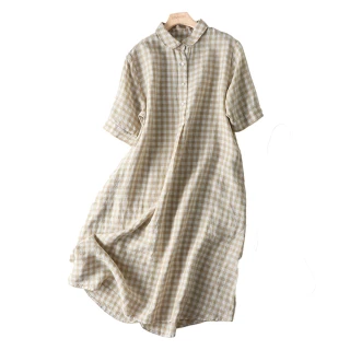 【ACheter】日系優雅經典格紋襯衫領短袖寬鬆長版棉麻洋裝#113009現貨+預購(3色)