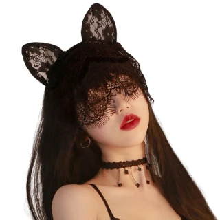 【愛衣朵拉】貓耳朵黑色睫毛蕾絲面紗 貓女郎髮箍頭飾面具(變妝派對化妝舞會驚喜禮物)