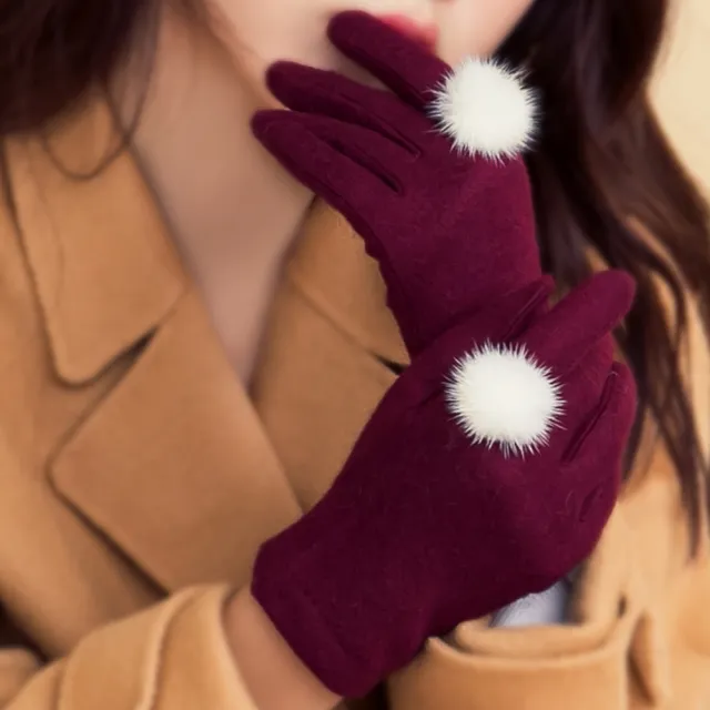 【蒂巴蕾】仕女手套 白貂毛球-觸控手套(保暖手套/騎車手套/搭配/旅行)