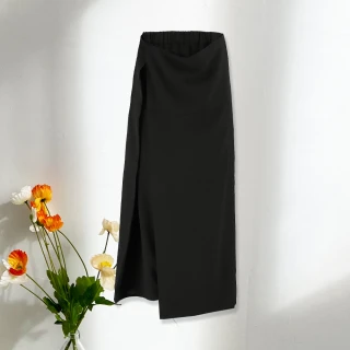 【OUWEY 歐薇】不規則活片圍裹式鬆緊造型褲裙(黑色；S-L；3222166620)