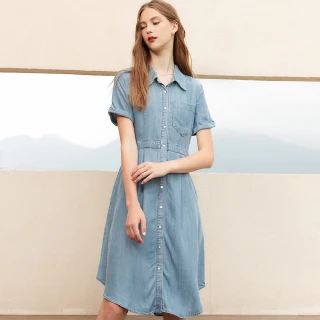 【OUWEY 歐薇】萊賽爾牛仔排釦造型連身洋裝(藍色；S-L；3222328726)