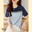【初色】織帶蕾絲撞色圓領短袖T恤上衣女上衣-藍色-62663(M-2XL可選)