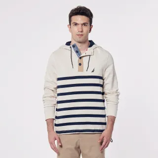 【NAUTICA】男裝潮流品牌LOGO條紋長袖帽TEE(白)